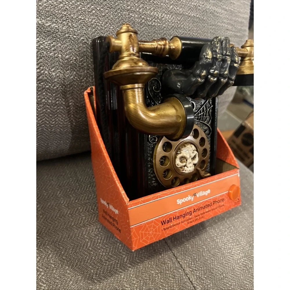 SPOOKY VILLAGE LED ANIMATED PHONE w/ SKULL - HALLOWEEN MOTION SOUND ACTIVATED